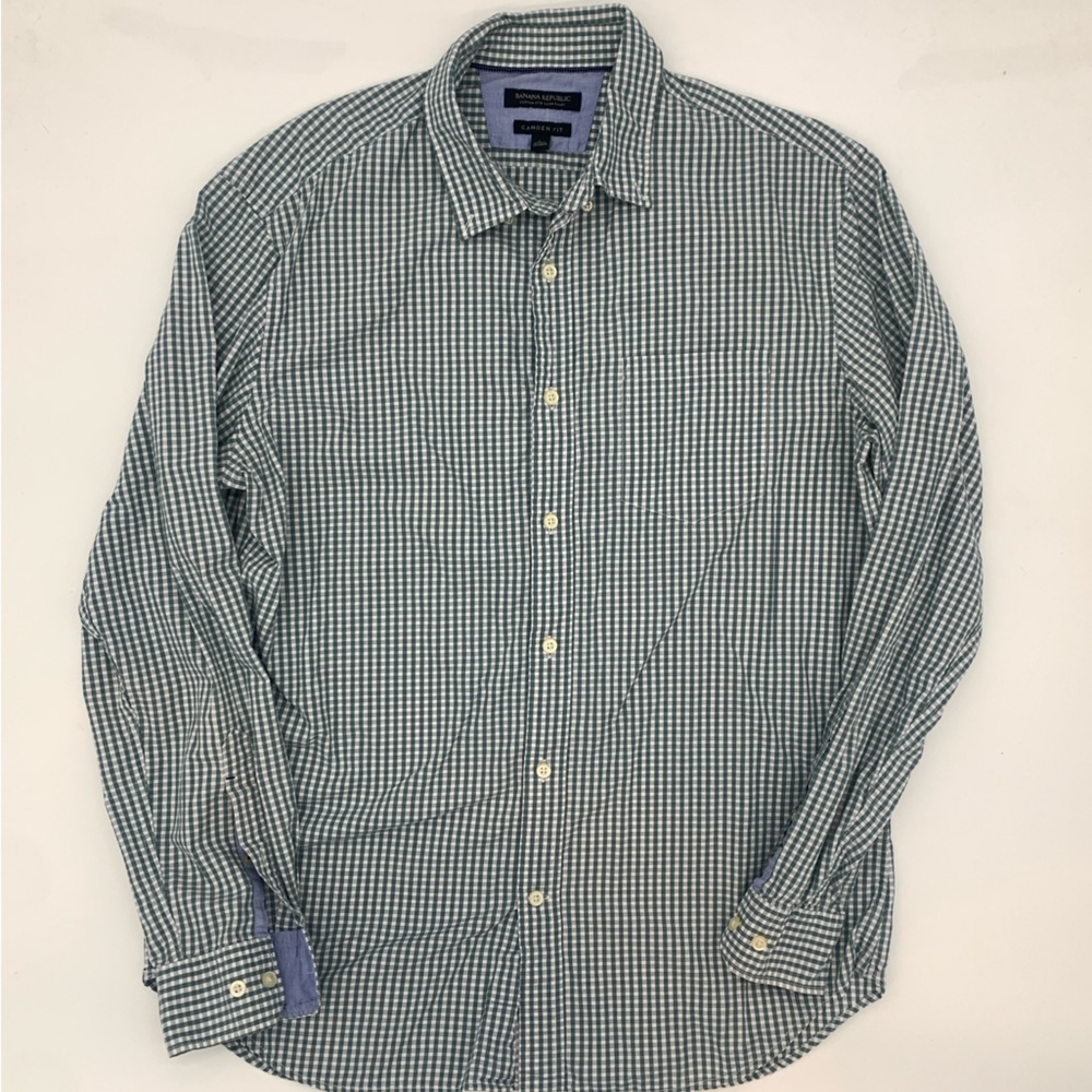 Banana Republic Green, White, Blue Plaid Long-Sleeve Button Down Size Large